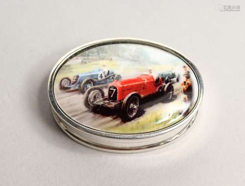 AN OVAL SILVER RACING CAR PILL BOX