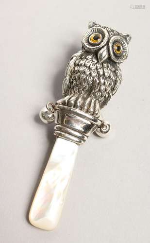 A BABY'S OWL AND MOTHER OF PEARL RATTLE