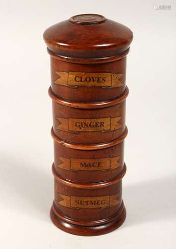 A TURNED WOOD FOUR SECTION SPICE TOWER 8ins high.