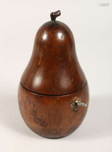 A WOODEN PEAR SHAPED TEA CADDY 7ins high.