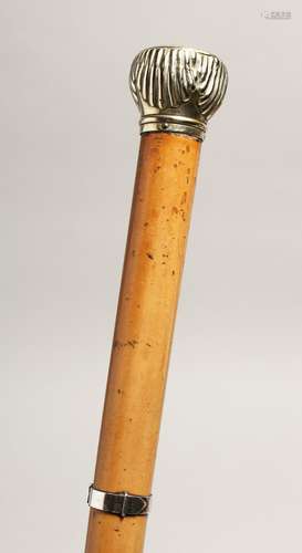 A BAMBOO WALKING CANE with silver handle 35ins long