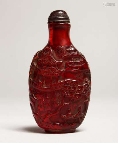 A SNUFF BOTTLE DECORATED WITH CHINESE TEMPLE SCENES, TREES, ...