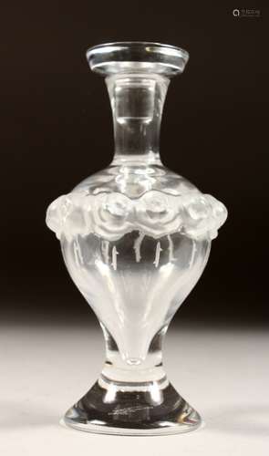 A LALIQUE GLASS TALL SCENT BOTTLE AND STOPPER, engraved Lali...