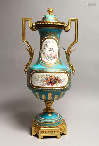 A GOOD LARGE 19TH CENTURY SEVRES PORCELAIN AND ORMOLU TWO HA...