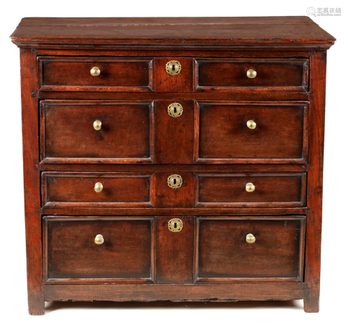 A LATE 17TH CENTURY OAK CHEST OF DRAWERS with moulded