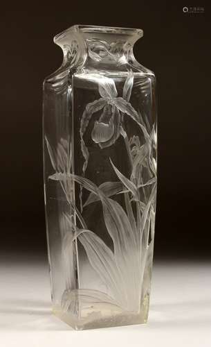 A GOOD HEAVY BACCARAT SQUARE TAPERING VASE, engraved with ir...