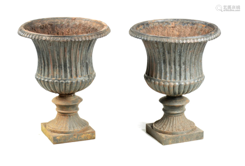 A PAIR OF 19TH CENTURY CAST IRON CAMPANA GARDEN URNS