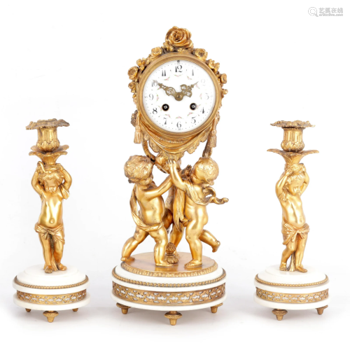 A LATE 19TH CENTURY FRENCH GILT METAL FIGURAL CLOCK