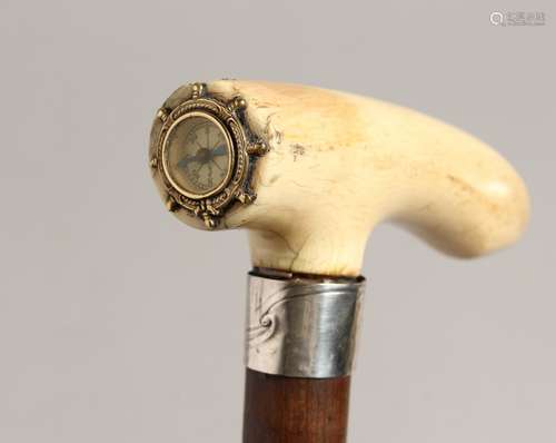 A GOOD 19TH CENTURY WALKING STICK with bone handle inset wit...