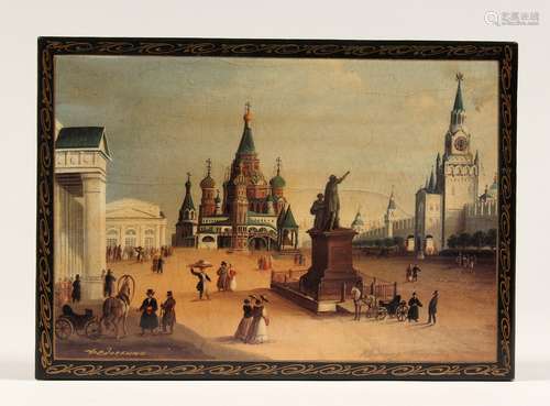 A RUSSIAN BOX with a printed scene of Moscow 6ins long