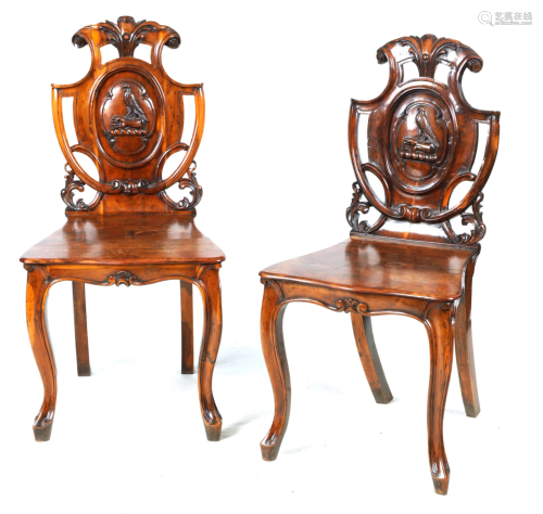 A PAIR OF 19TH CENTURY YEW WOOD HALL CHAIRS with