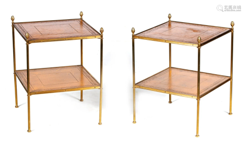 A PAIR OF 20TH CENTURY BRASS AND LEATHER END TABLES the