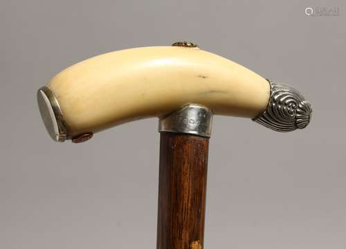 A GOOD 19TH CENTURY BONE, SILVER MOUNTED, TOOTH HANDLE WALKI...