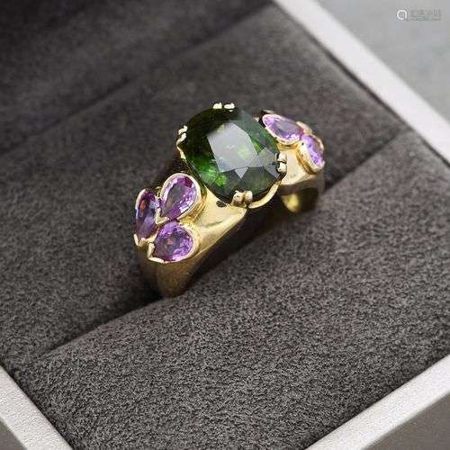 Bague en or jaune 18K 750 millièmes ornée d'une tourmaline v...