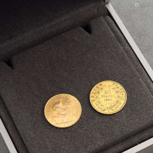 Un lot de deux pièces de 20 francs en or, l'une au profil de...