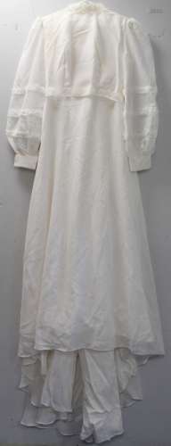1960's wedding dress in white nylon with high lace ruffle ne...