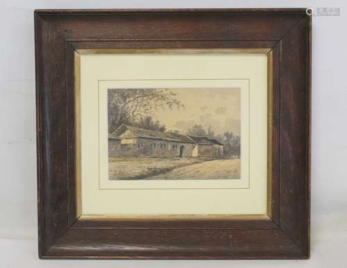 EARLY 19TH CENTURY SCHOOL. Farm buildings. Pen, ink and wash...