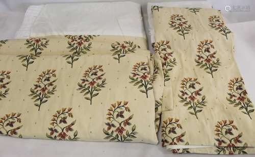 Two pairs of modern lined curtains in cream floral brocade, ...