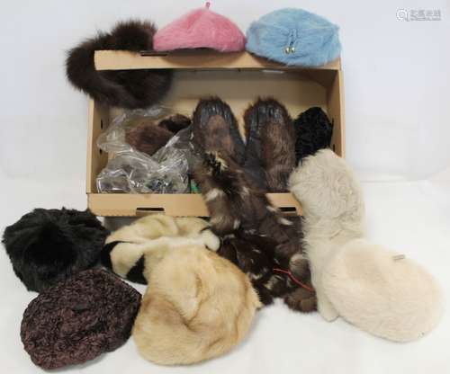 Carton containing various vintage fur and other collars, hat...