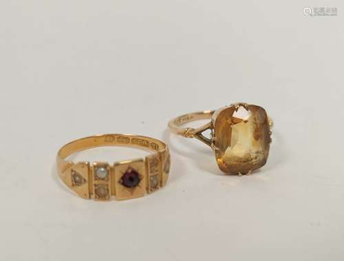 15ct gold ring with garnet and pearls, 1887 (2.6g) and a cit...