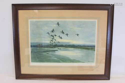 Two Peter Scott colour prints of ducks flying over wetlands ...