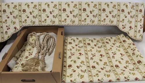 Pair of modern lined cream floral brocade curtains, approx. ...