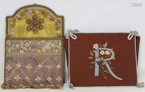 Georgian silk and damask wall pocket of rectangular form wit...