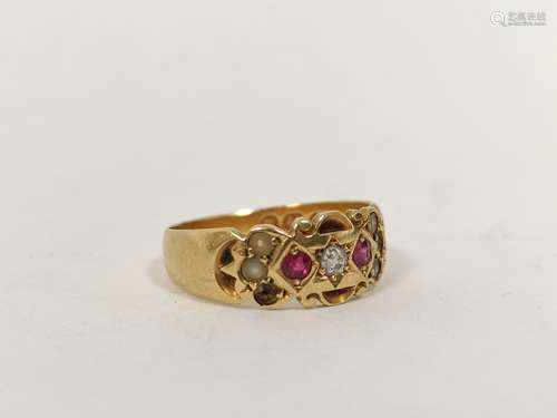 18ct gold ring with two rubies, diamonds and pearls, 3.3g. S...