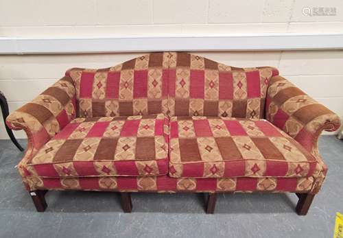 Mahogany upholstered scroll sofa raised on mahogany feet. 90...