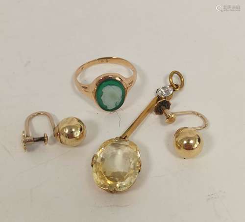 Gold pendant, probably yellow sapphire '9ct', a cameo ring a...