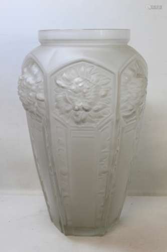 French Etling moulded frosted glass vase of hexagonal balust...