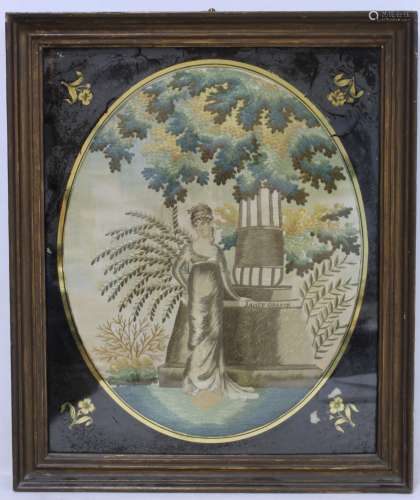 Georgian silk needlework commemorative panel depicting a lad...