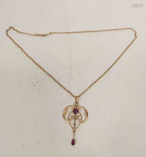 Pearl and garnet pendant with necklet '9ct'. 4.4g.