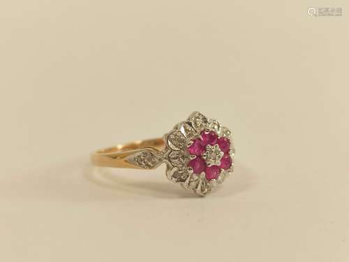 Diamond and ruby cluster ring in 9ct gold. Size 'P'.