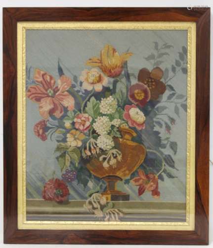 Victorian wool work tapestry picture of a vase of flowers, w...