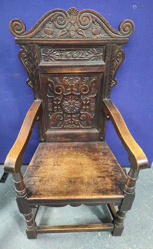 Wainscot carved oak armchair, circa 19th century, with a scr...