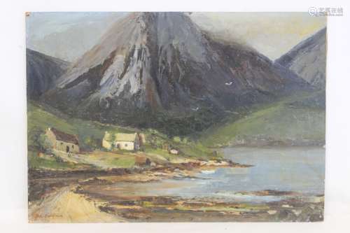 B. CRITCHLEY SALMONSON . Broadford Bay cottages, Skye. Oil o...