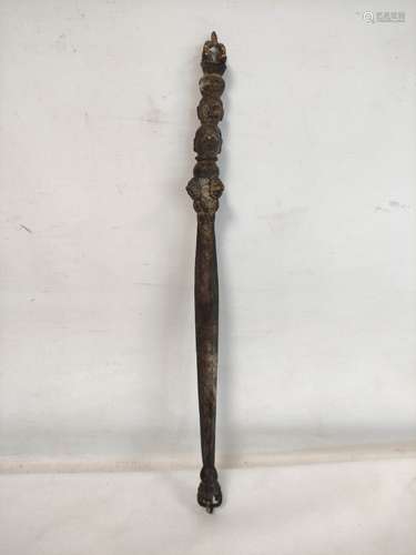 Oriental cast metal scepter or tip staff with crown finials,...