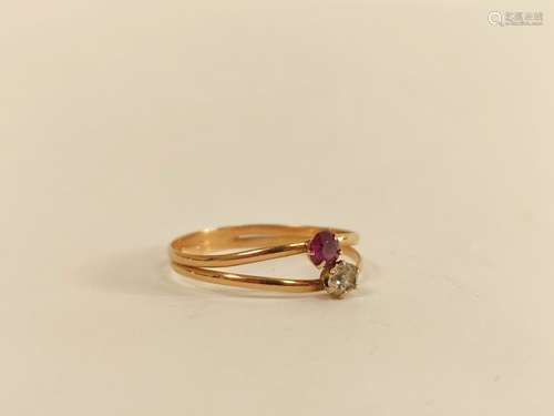 French 18ct gold ring, twin shank with amethyst and paste. S...