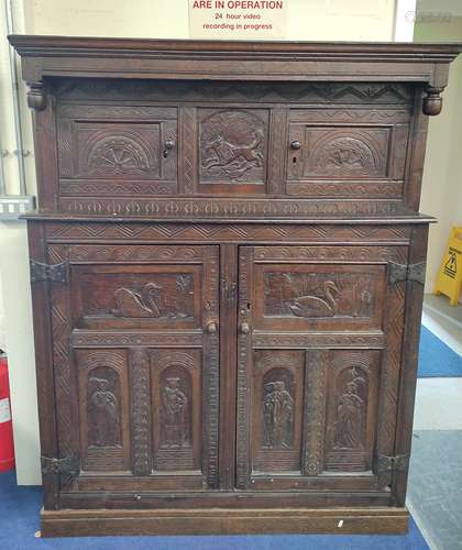 Antique Charles II style oak jointed court cupboard with car...