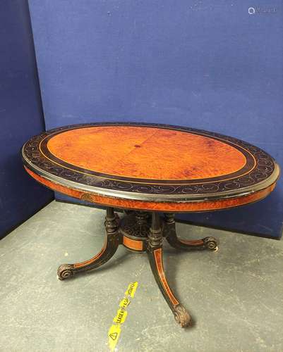 Victorian ebonised burr walnut and amboyna loo table, the ov...