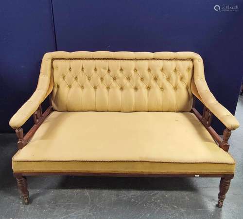 Edwardian walnut parlour settee, upholstered in a pale green...