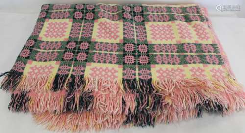 Welsh wool blanket woven in pink, pale yellow and green with...