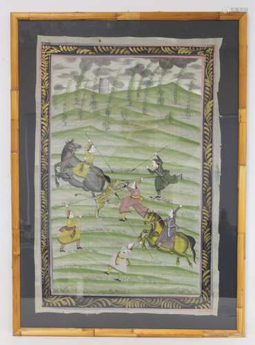 Indian watercolour painting on silk depicting a tiger hunt w...