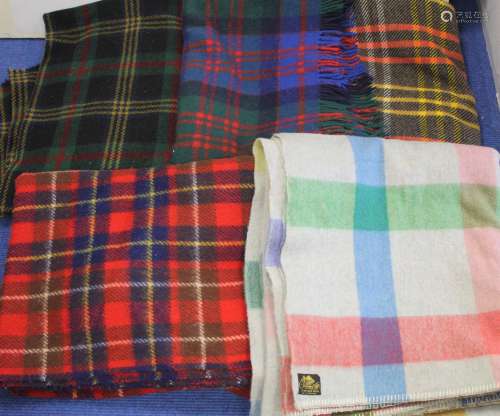 Five vintage checked and tartan wool blanket in various colo...
