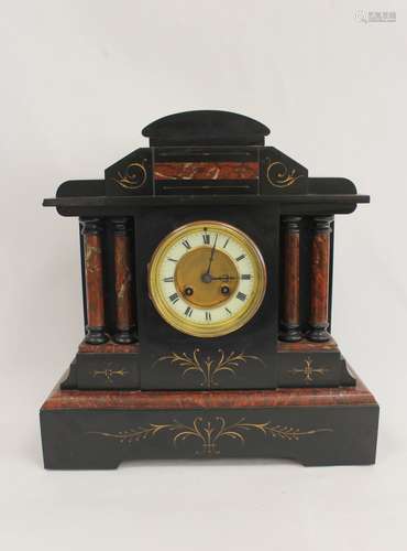 French rouge and black marble mantel clock of architectural ...