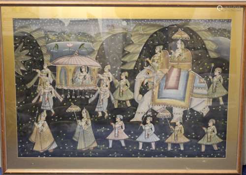 Large Indian watercolour on cotton depicting a courtly proce...