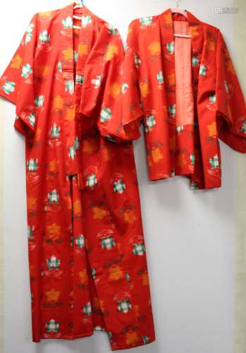 Modern Japanese kimono in red ikat style cotton with matchin...