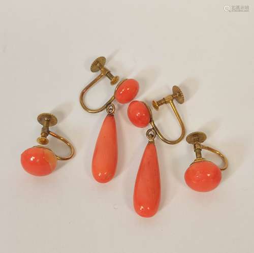 Pair of coral drop earrings and another pair, buttons, in go...