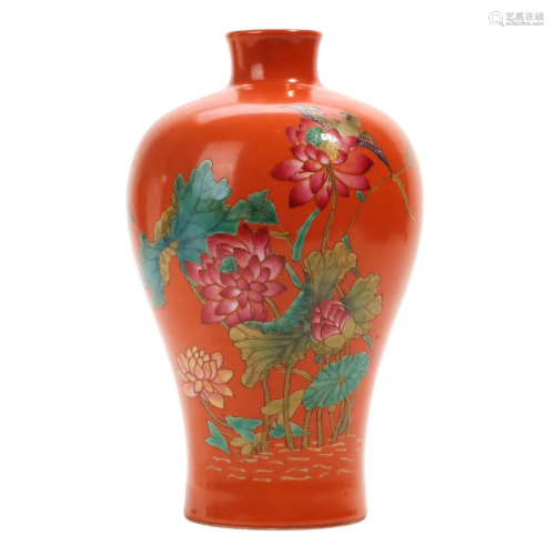 A RED-GLAZED FLORAL MEIPING